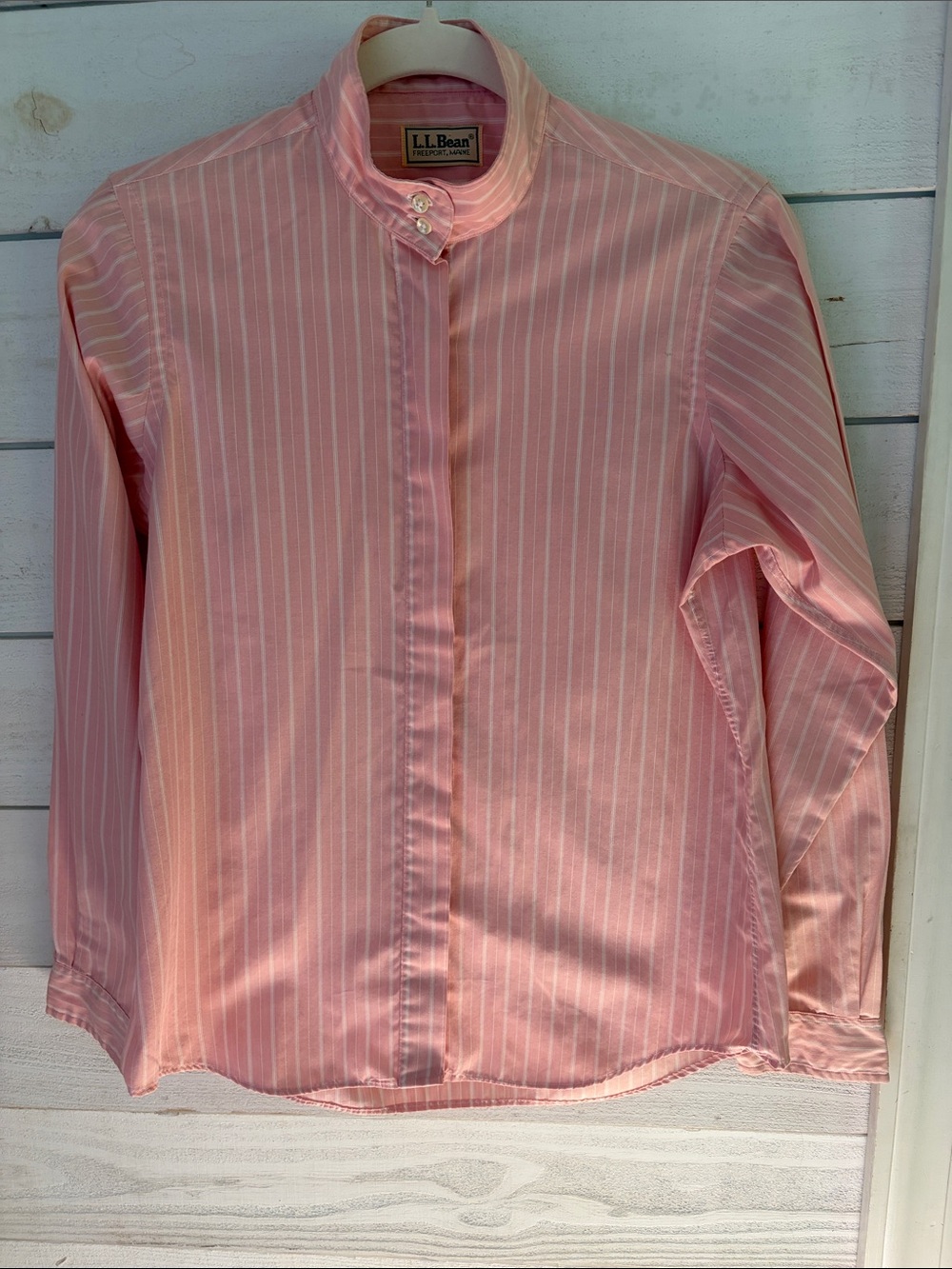 VTG L.L. Bean Pink White Striped Mandarin Collar Blouse Single Needle USA 10